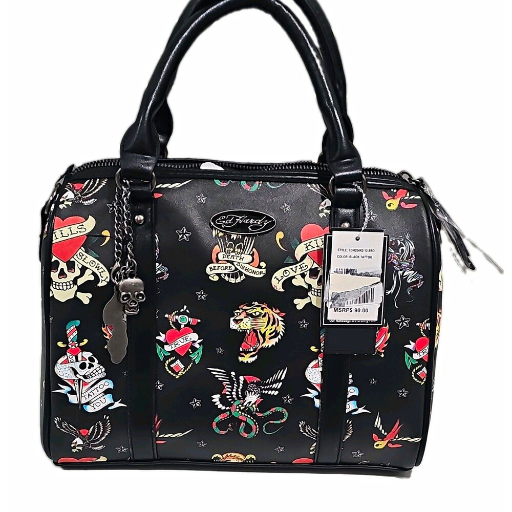 Y2K STYLE Ed Hardy Black Tattoo Skull Satchel Top Handle Zip Detach Strap Charm
